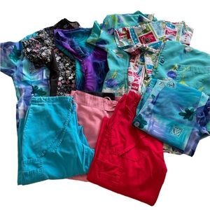 Lot of 10 Scrubs Nursing Size XS 5 Tops 2 Lab Coats and 3 Pants UA, SB